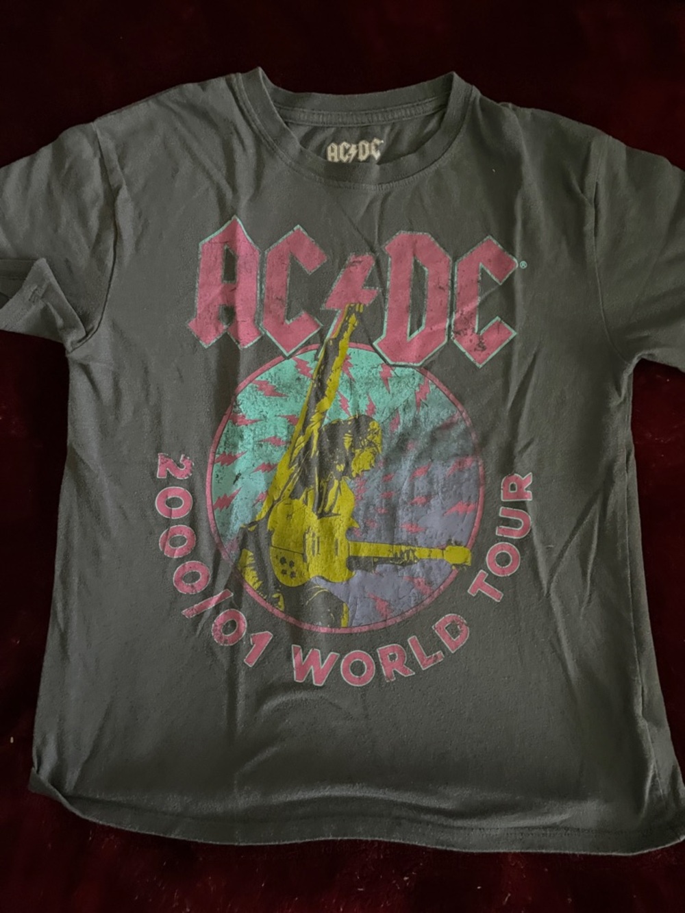 AC/DC Black Kids Graphic Tour Tee with Pink Logo and Yellow Guitar